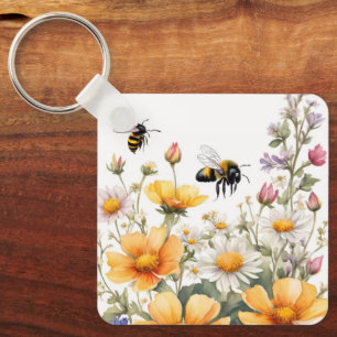 Vild Flowers and honey Bees Watercolor Nyckelring