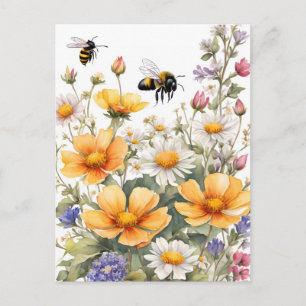 Vild Flowers and honey Bees Watercolor Vykort