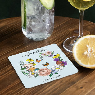 Vild Flowers Blommigt Blue Mushroom Bröllop Underlägg Papper Kvadrat