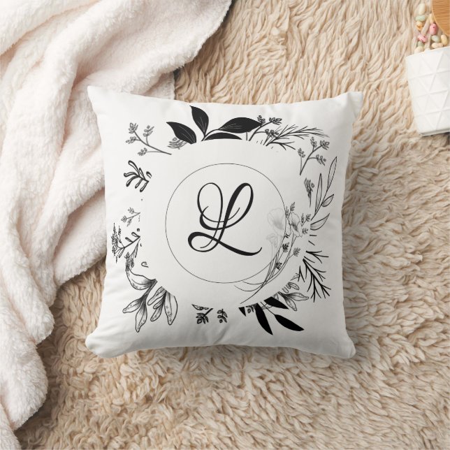 Vild Flowers Doodles Monogram Design Kudde (Filt)
