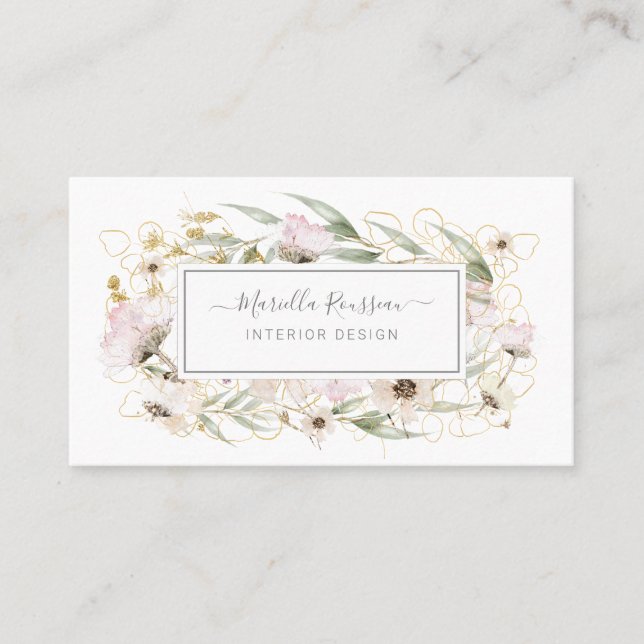 Vild Flowers Greenery Guld Glitter Affärskort Visitkort (Framsida)
