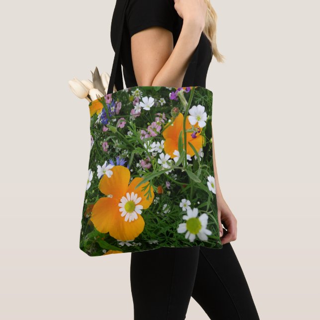 Vild Flowers: Orange White Rosa Tote Bag Tygkasse (Närbild)