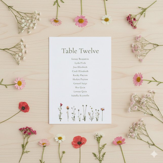 Vild Flowers sittdiagram Inbjudningar (Wildflowers table number name chart card.)