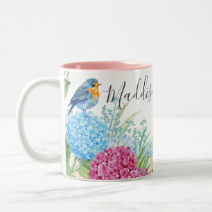 Vild Flowers with Bird Hydrangea Blommigt Watercol Två-Tonad Mugg