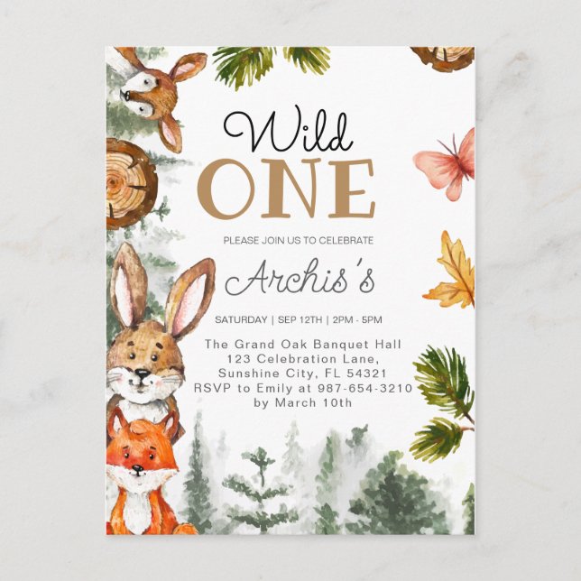 Vild födelsedags-inbjudan för ettåring, Vild en in Vykort (Framsida)