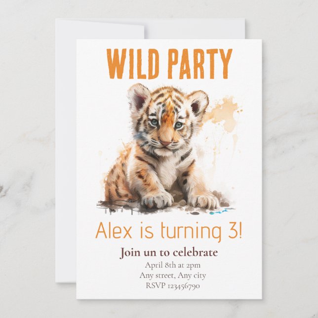 Vild Födelsedagsinbjudan för Barn med Tiger  Inbjudningar (Framsida)