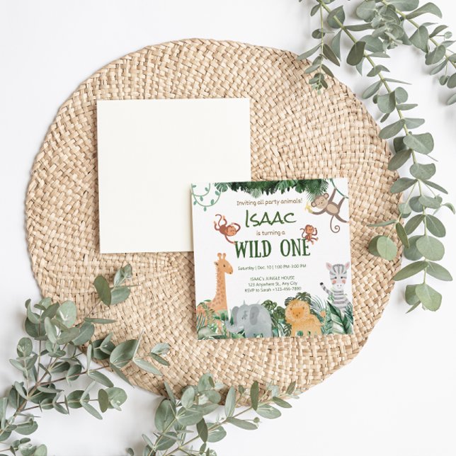Vild för djur i party en födelsedag med inbjudet k inbjudningar (Party Animals Wild One Birthday Invitation Card)