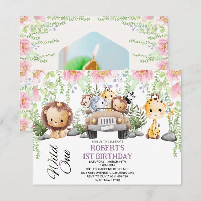Vild för färgad Blommigt En Jungle Safari Birthday Inbjudningar (Fram/baksida)