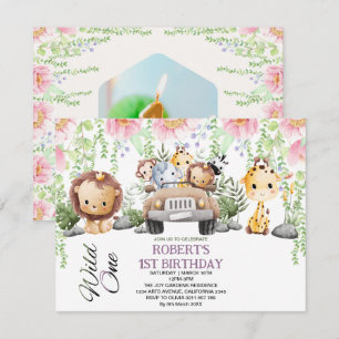 Vild för färgad Blommigt En Jungle Safari Birthday Inbjudningar