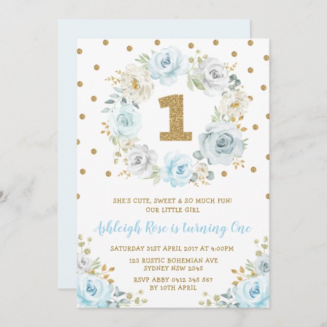 Vild för födelsedag för dammig blommigt för blått inbjudningar (Fram/baksida)