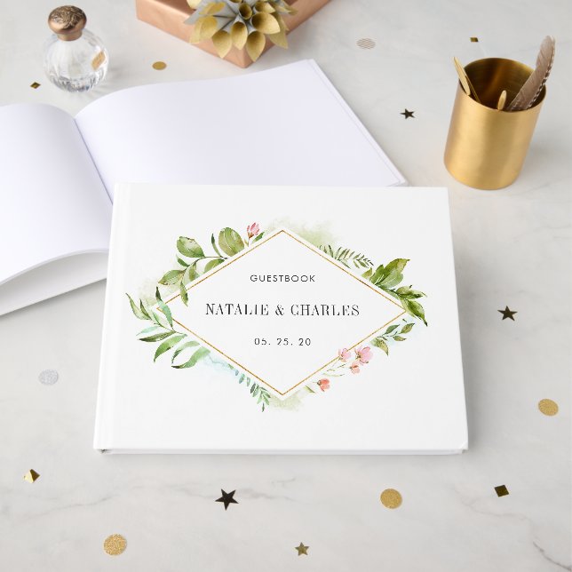 Vild för vattenfärgsBlommigt Grönt  Foliage Bröllo Gästböcker (Framsida Öppen)