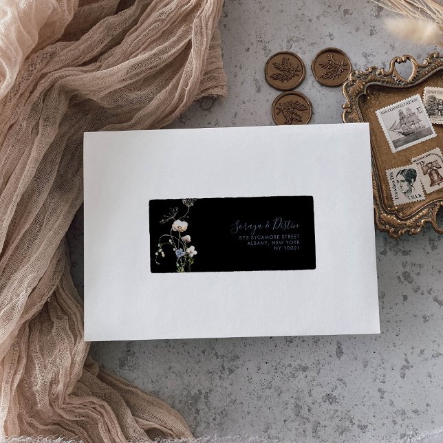 Vild Forest Blommigt Black Bröllop OSA Adressetikett (Skapare uppladdad)