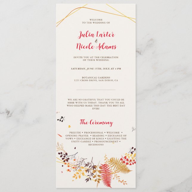 Vild Forest Flowers Fern Mushroom Foliage Bröllop Program (Framsida)