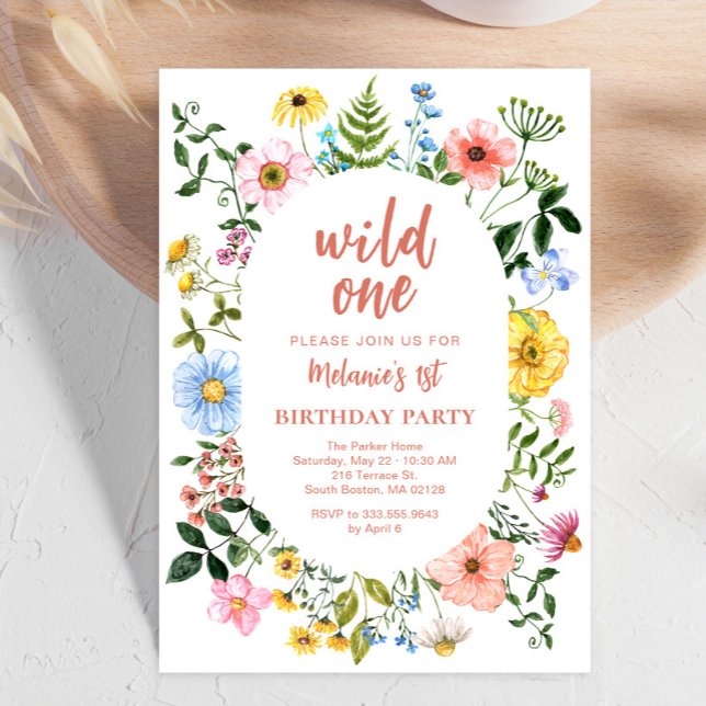 Vild Första Födelsedag Vildblomma Inbjudan (First birthday floral card invitation with pretty pastel wildflowers)