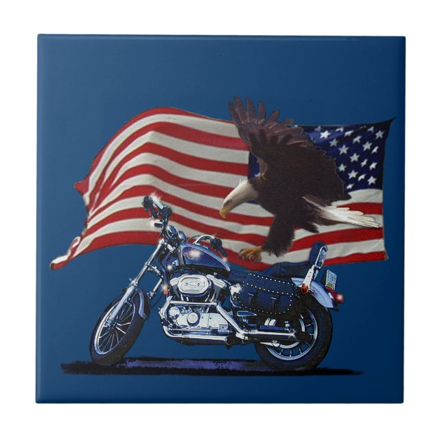 Vild & Free - Patriotic Eagle, Motorcycle & US Fla Kakelplatta (Framsidan)