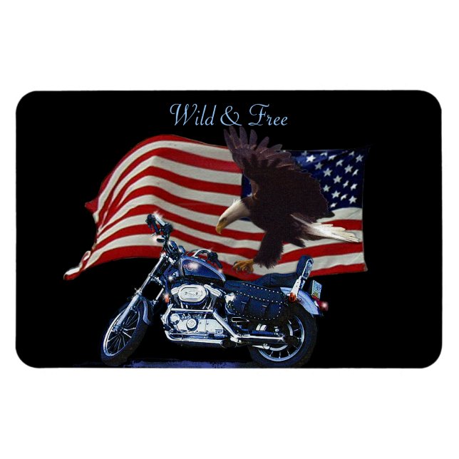 Vild & Free - Patriotic Eagle, Motorcycle & US Fla Magnet (Horisontell)