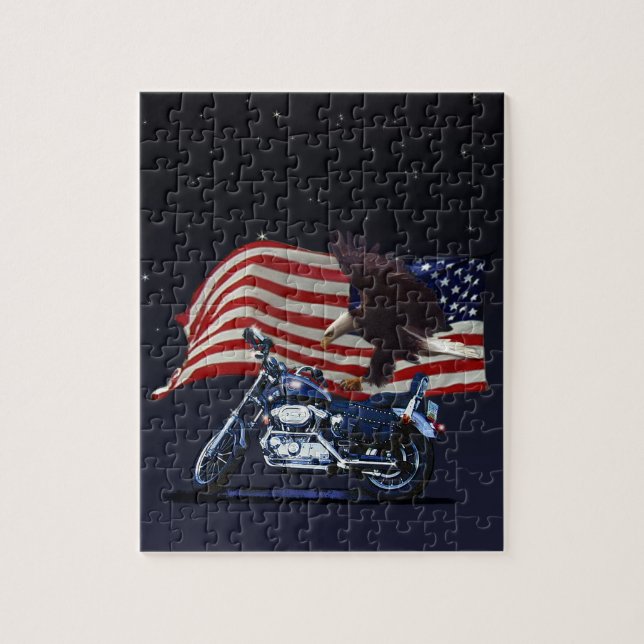 Vild & Free - Patriotic Eagle, Motorcycle & US Fla Pussel (Vertikal)