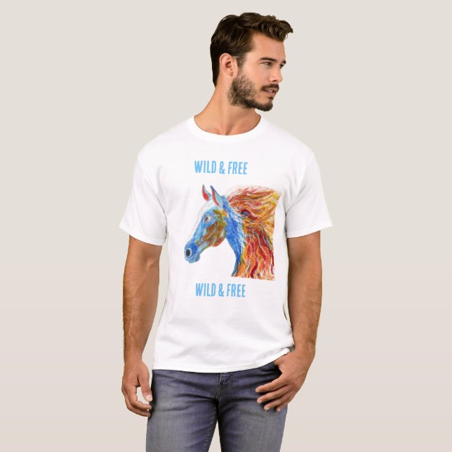 Vild & Fri färgrik häst vit T-Shirt (Hel framsida)