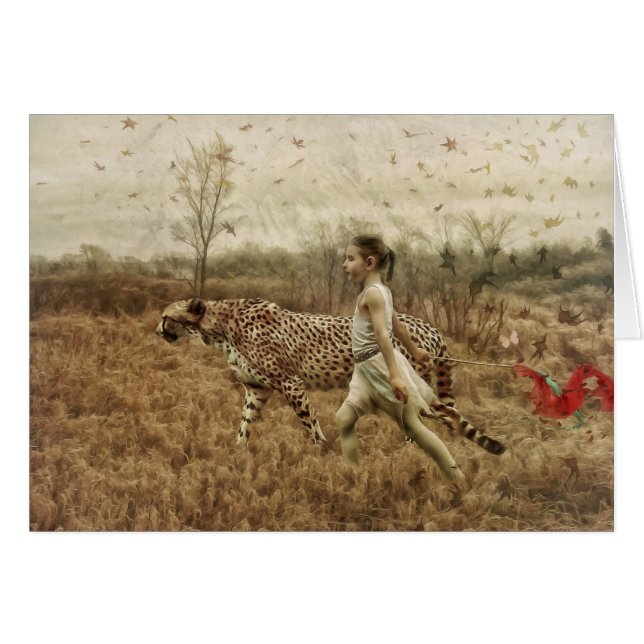 Vild Girl Walking with a Cheetah Art Card Hälsningskort (Framsidan Horizontal)