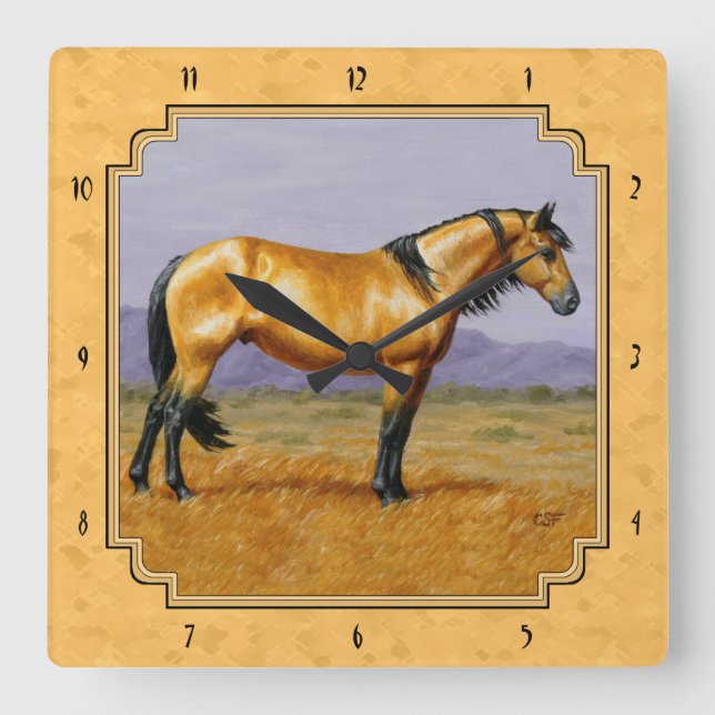 Vild Golden Buckskin Horse Gult Fyrkantig Klocka (Framsida)