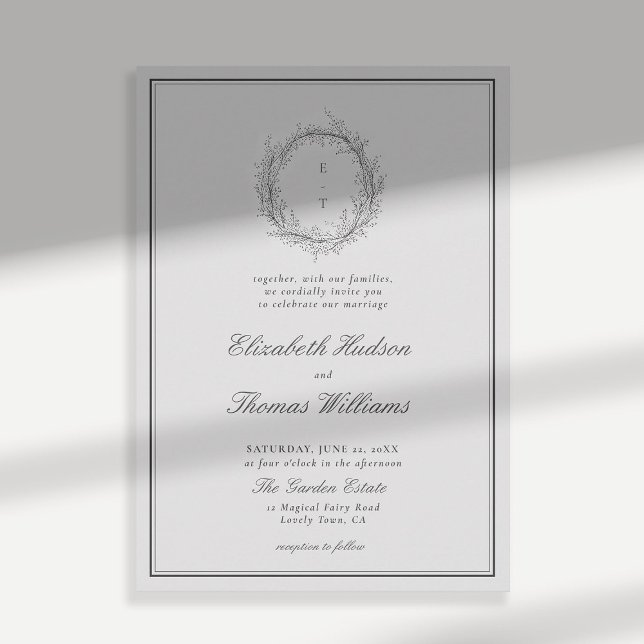 Vild Grey Vapensköld Forme Modern Classic Bröllop Inbjudningar (wildflowers wedding invitation black and white formal traditional botanical crest modern classic)