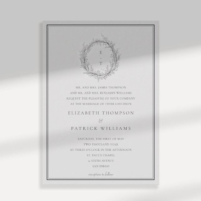 Vild Grey Vapensköld Forme Traditional Bröllop Inbjudningar (wildflowers wedding invitation black and white formal traditional botanical crest parents names)