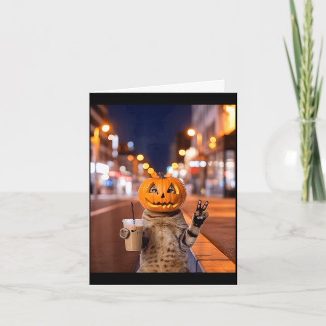 Vild Halloween-katt dricker iskaffe Kort (Framsida)