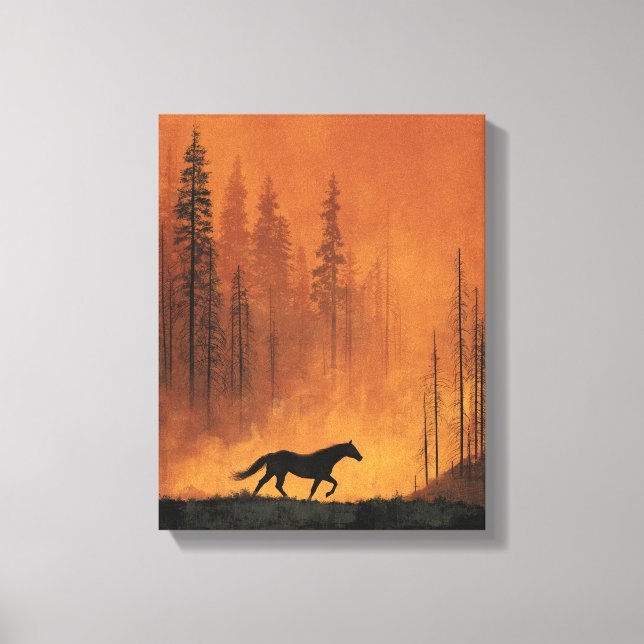 Vild häst Eldsljus Skog Silhuett Konst Canvastryck (Framsida)
