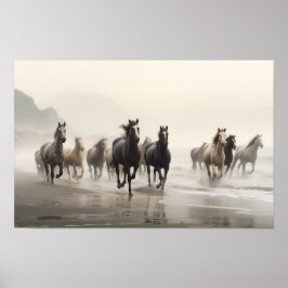 Vild hästar på en foggy strand poster
