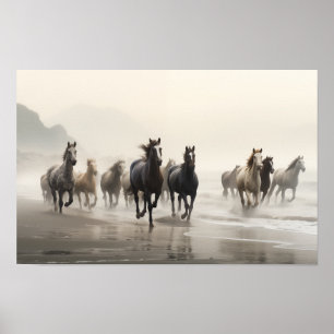 Vild hästar på en foggy strand poster