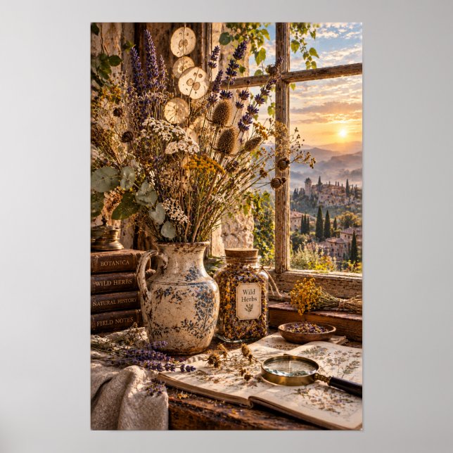 Vild Herbariet Botanisk Stilleben vid Solnedgångsf Poster (Framsidan)