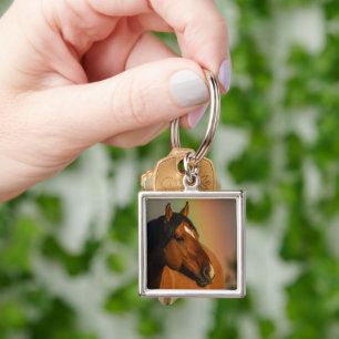 Vild Hingst, Gyllene Ljus och Regnbåge Fyrkantig Silverfärgad Nyckelring