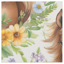 Vild Horse Flowing Mane Gult Blommigt Greenery Tyg