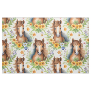 Vild Horse Flowing Mane Gult Blommigt Greenery Tyg
