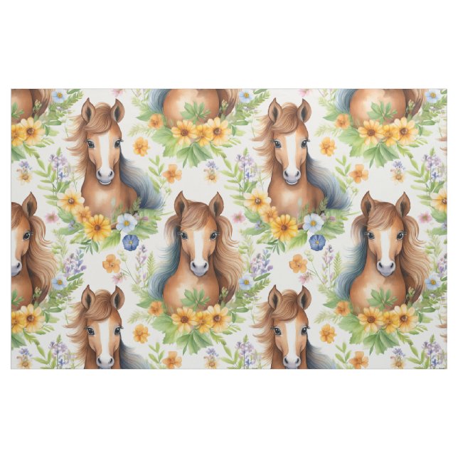 Vild Horse Flowing Mane Gult Blommigt Greenery Tyg (Fat Quarter)