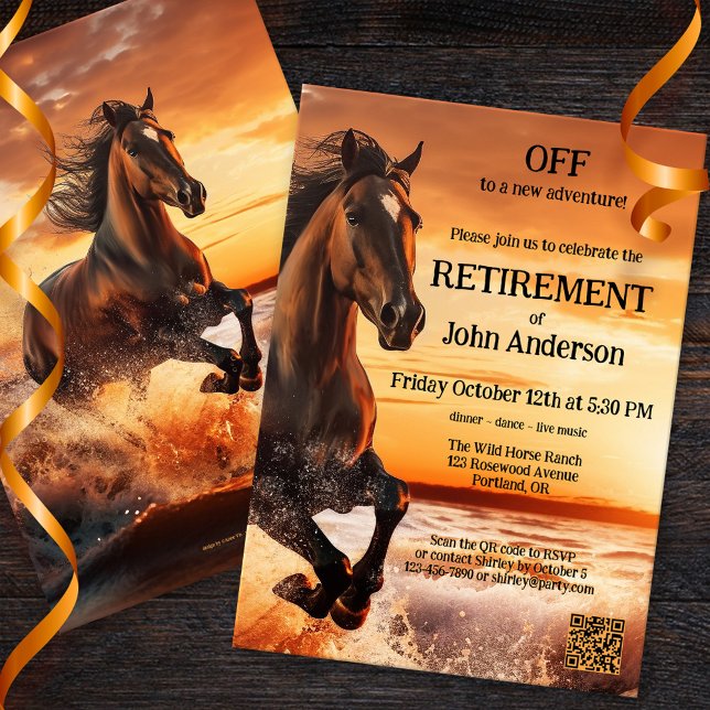 Vild Horse Freedom Coastal Pension Party Inbjudningar (Retirement party invitation featuring a painting of a wild running horse on the beach. )