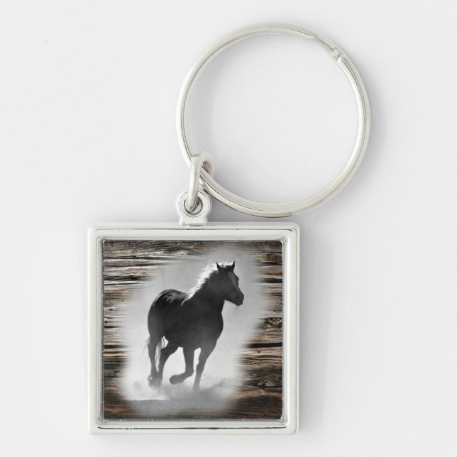 Vild Horse Galloping Fyrkantig Silverfärgad Nyckelring (Framsidan)