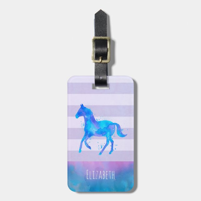 Vild Horse in Blue and Lila Watercolor Bagagebricka (Vertikal Framsida)