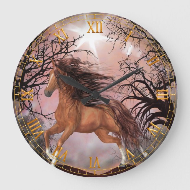 Vild Horse in Skogen Wall Clock Stor Klocka (Framsida)