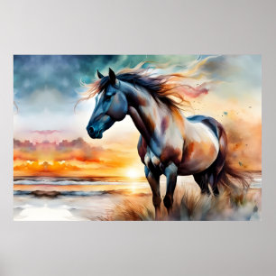 Vild Horse on Grassy Dune at Sunset Poster
