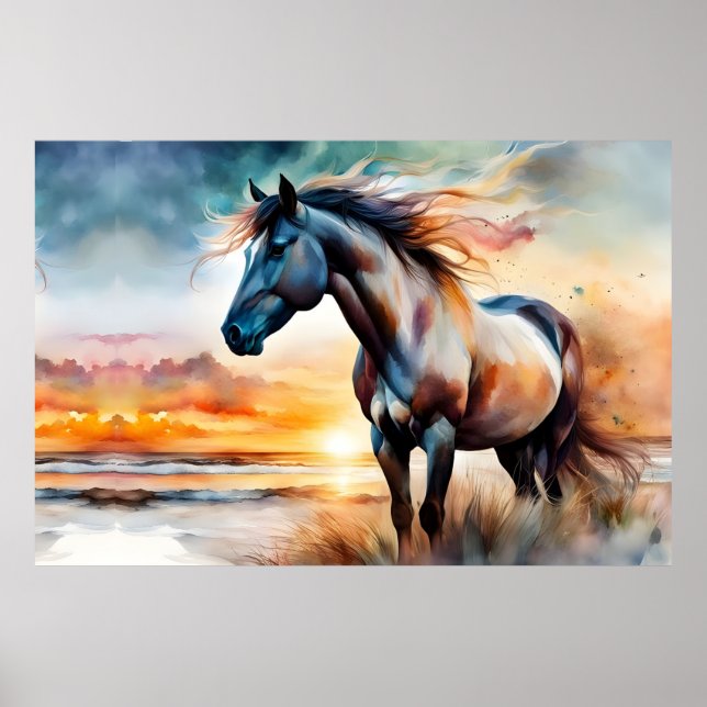 Vild Horse on Grassy Dune at Sunset Poster (Framsidan)