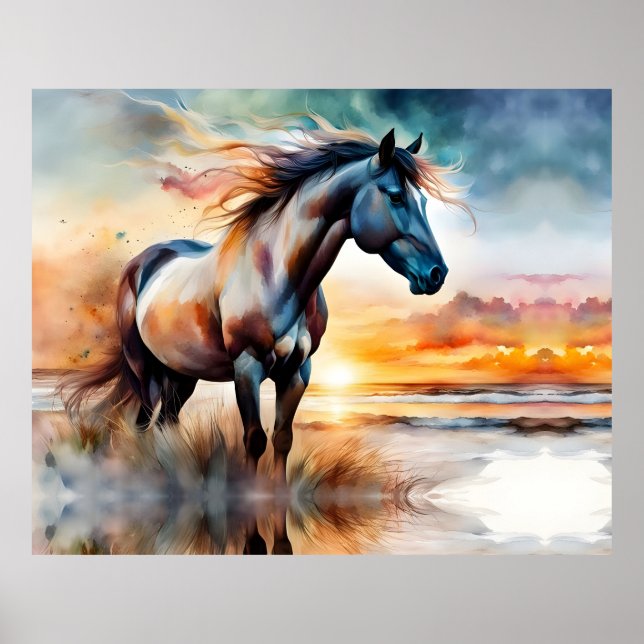 Vild Horse on Grassy Dune at Sunset Poster (Framsidan)