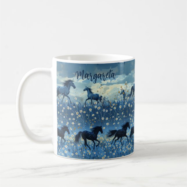 Vild Horses och Wildblommor Personlig mugg Blue (Vänster)