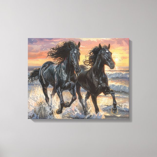 Vild Horses på en båge vid solnedgång Canvastryck (Framsida)