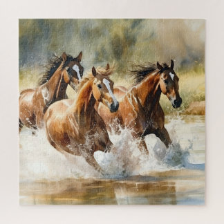 Vild Horses Running Brown Black Watercolor Pussel