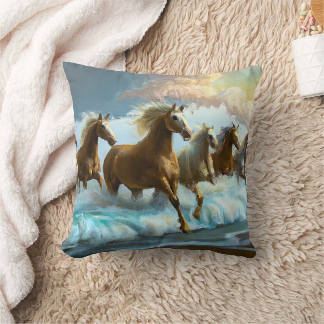 Vild Horses Running i Ocean Surfa Kudde (Filt)