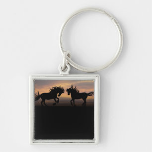 Vild Horses Silhouette Fyrkantig Silverfärgad Nyckelring