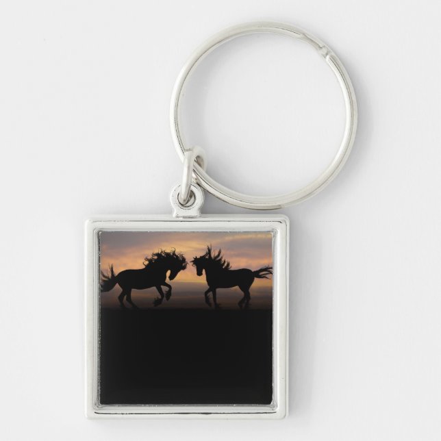Vild Horses Silhouette Fyrkantig Silverfärgad Nyckelring (Framsidan)