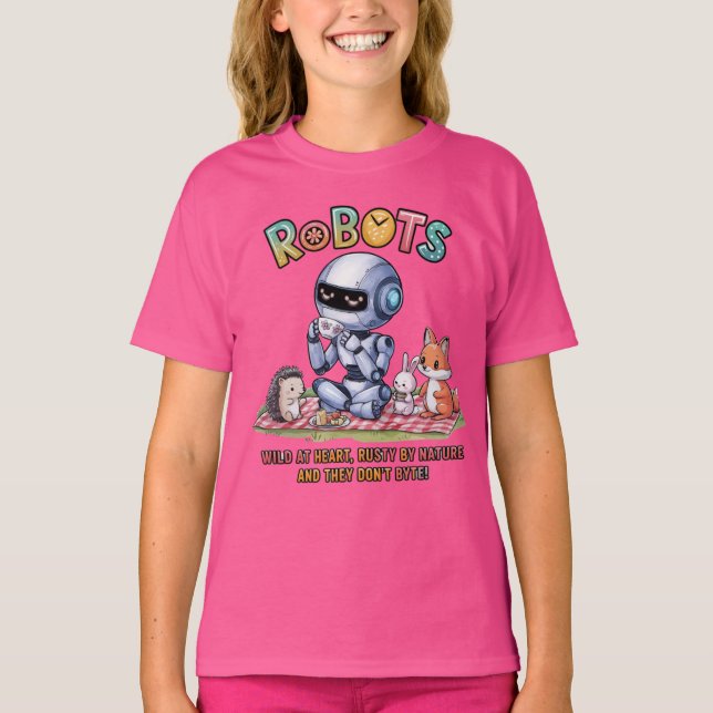 🤖 Vild i Tecknaden Heart Robot Picnic i Skogen T Shirt (Framsida)