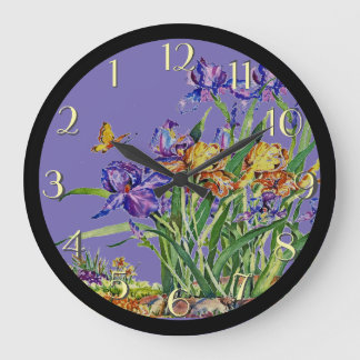 Vild Irises in Watercolor Backward Clock Stor Klocka